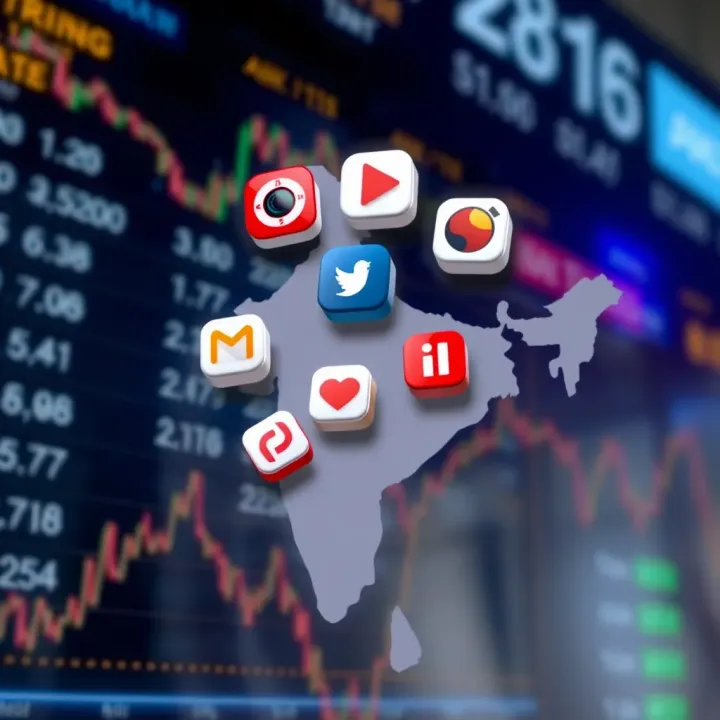 Illustration of various trading app icons floating above a map of India