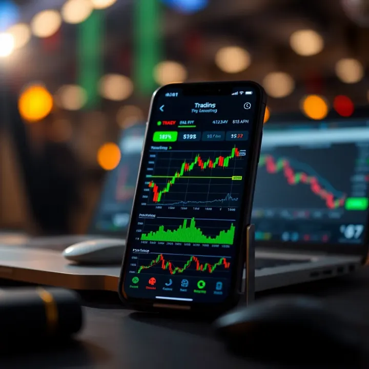 Trading App Interface Showing Market Trends Mobile phone displaying a trading app interface with charts and stock market data