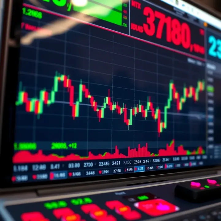 Graph showing currency exchange rates on a digital trading platform with candlestick charts and indicators