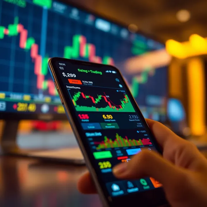 Mobile device displaying various stock market charts and trading indicators