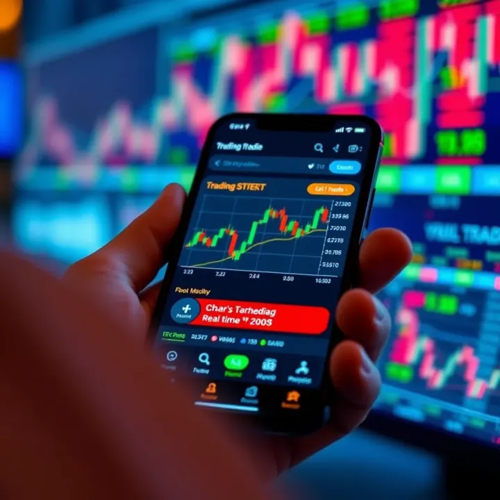 Smartphone displaying a financial trading app interface with stock charts and market data