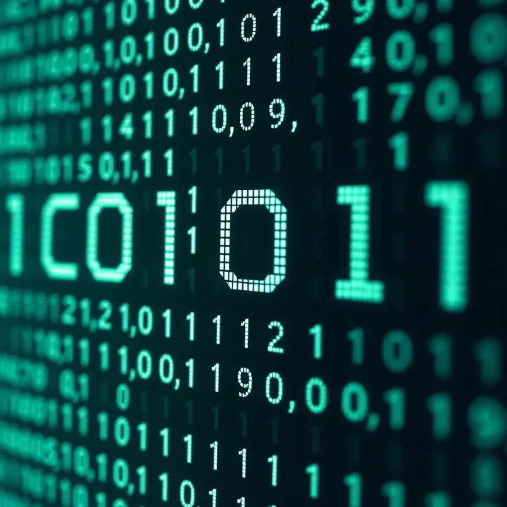 Visual representation of binary code being decoded into readable English text