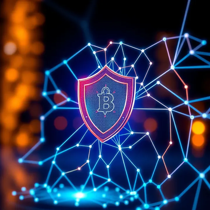 Conceptual illustration of digital security with a shield and blockchain network connections