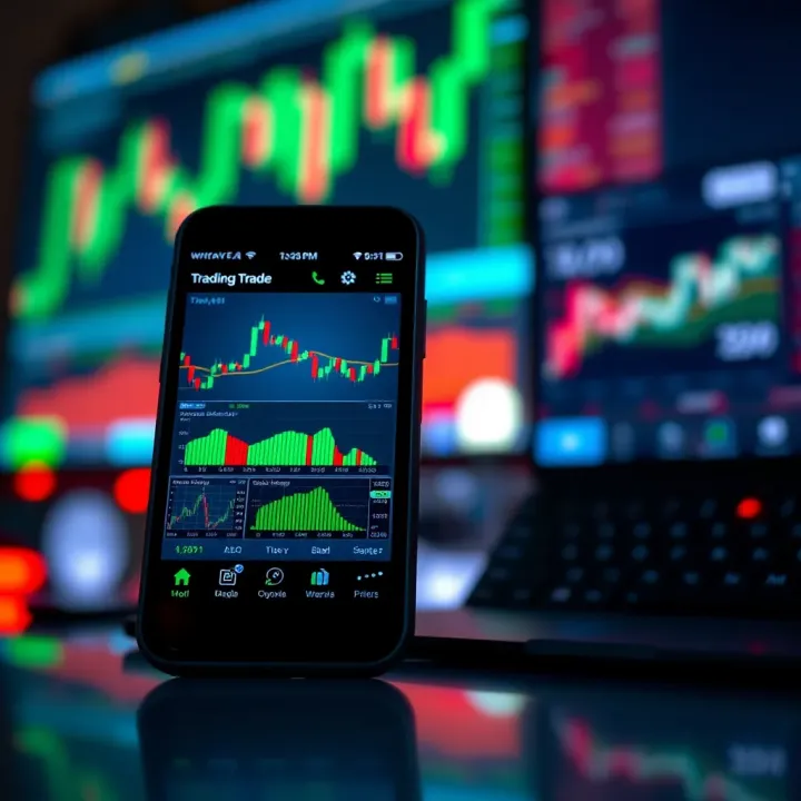 Smartphone displaying a virtual trading platform with charts and financial data