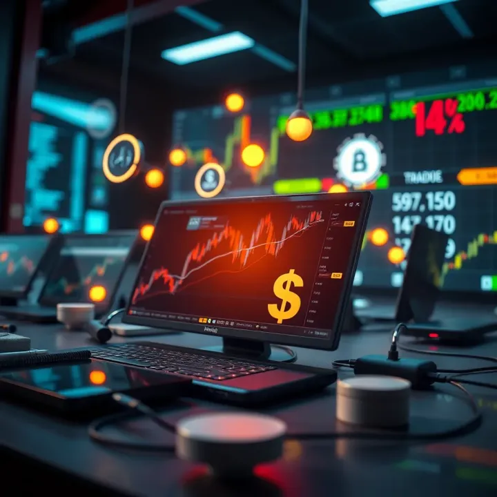 Conceptual illustration of digital trading platforms showing connected devices and financial symbols