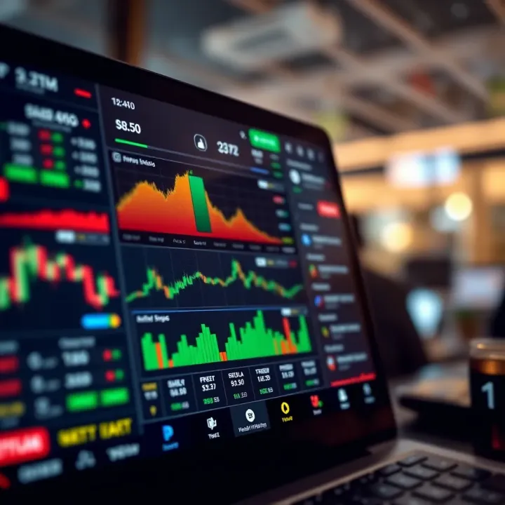User interface of an online trading app displaying stock charts and trade options