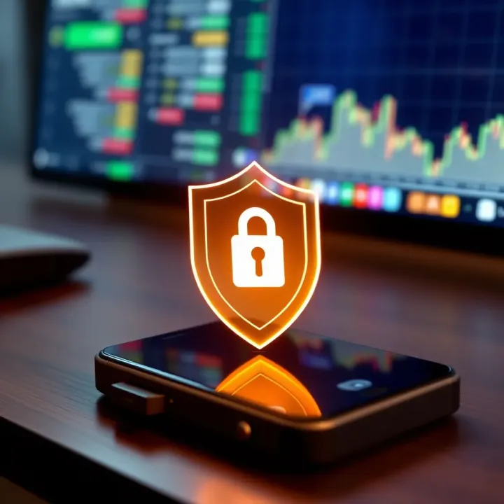 Security shield icon overlaid on a mobile device representing secure online trading for investors