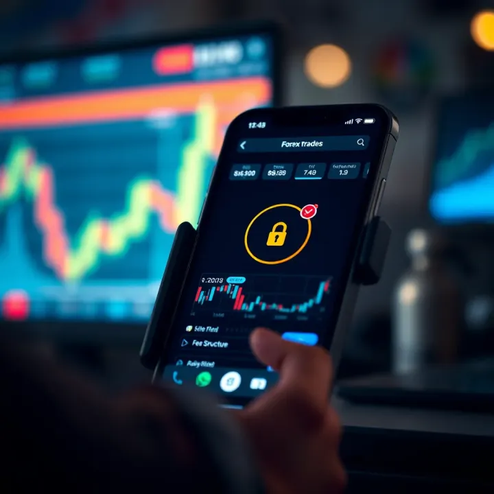 Secure mobile trading platform highlighting features like security badges, fee structure, and regulatory compliance