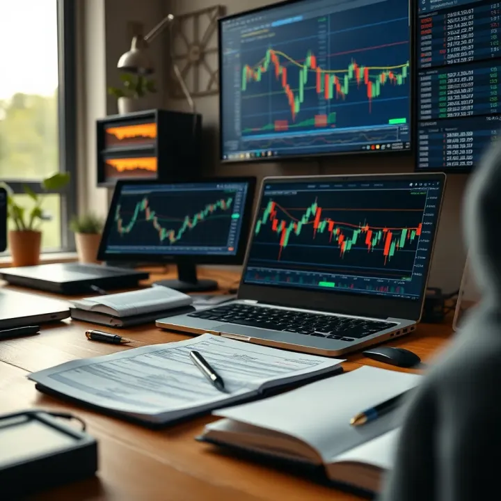Focused Trading Environment Illustrating Discipline and Risk Management Close-up of a forex trading setup showing charts, notes, and a laptop indicating disciplined trading habits