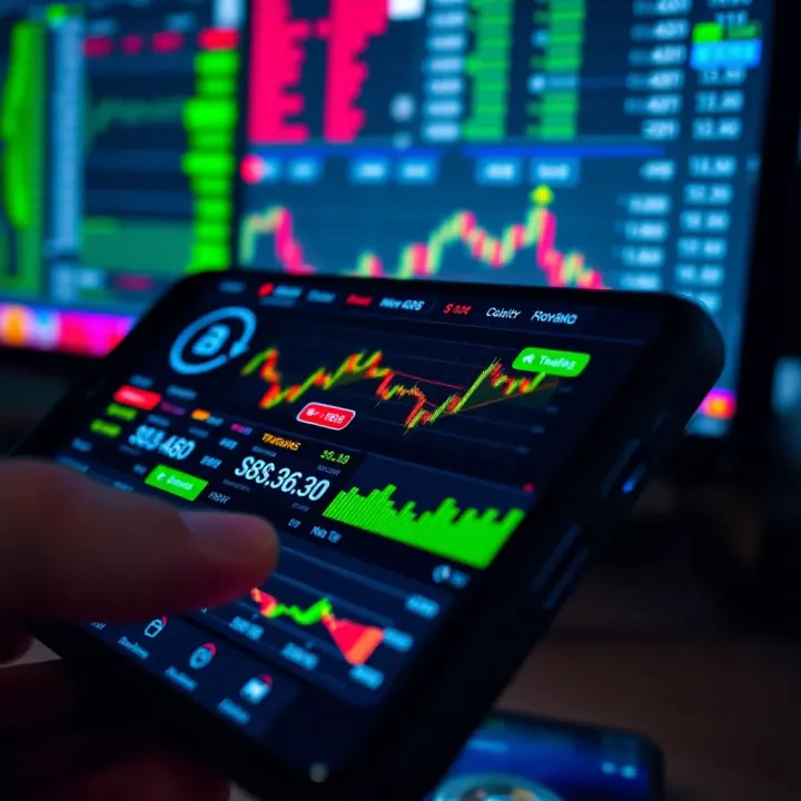 Mobile device displaying various trading app interfaces with graphs and charts