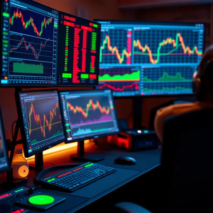 Trading desk setup with multiple monitors displaying forex charts and data