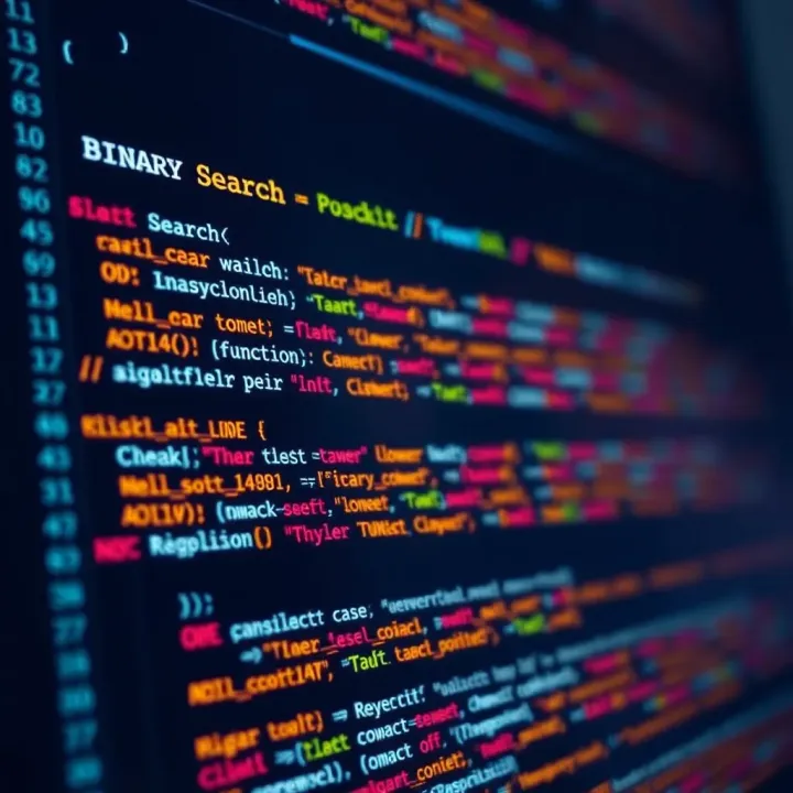 Code snippet of binary search implementation in C++ highlighting key functions and pointers