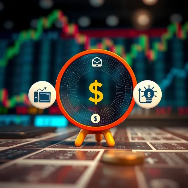 Illustration of stock market sectors with icons representing technology, finance, and energy