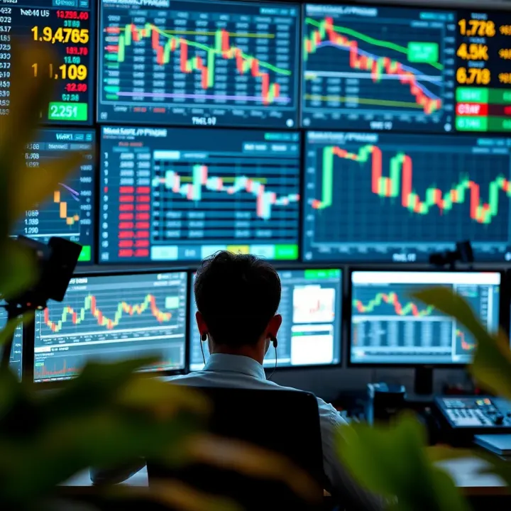 Analyzing Intraday Trading Strategies in the Indian Stock Market Illustration of a trader analyzing multiple screens with charts and market indicators in Indian stock market context