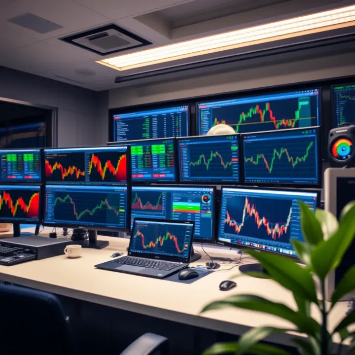 Workspace setup featuring multiple monitors showing stock market data and trading tools