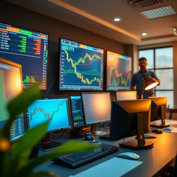 Desk setup with computer screens displaying stock market data and trading tools