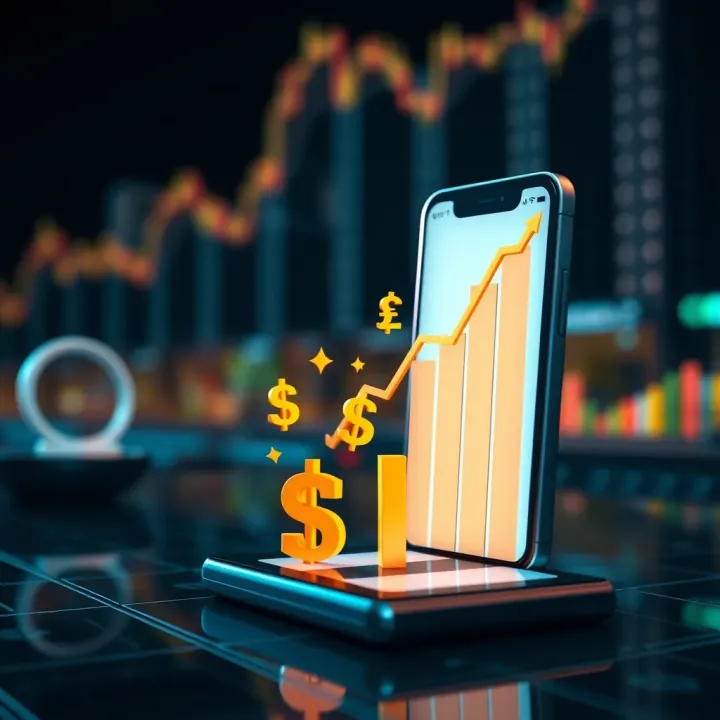 Benefits of Using Less Brokerage Trading Apps in Indian Markets Illustration of a smartphone with currency symbols and upward trending graph representing low-cost trading benefits