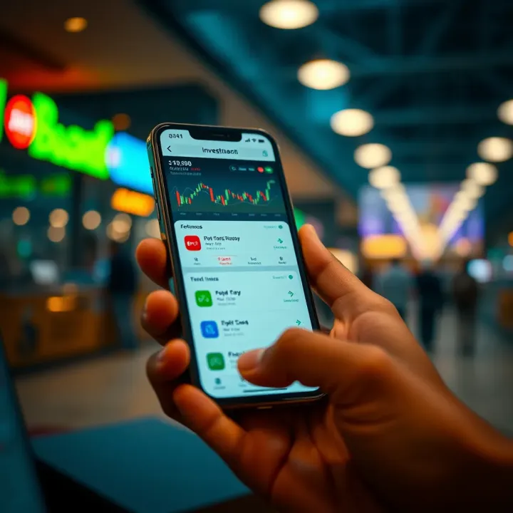 Mobile screen displaying various investment app options with icons and charts