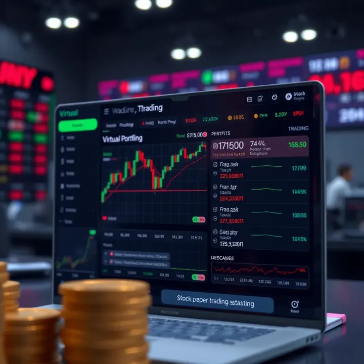 User interface of a stock paper trading platform showing virtual portfolio and trade options