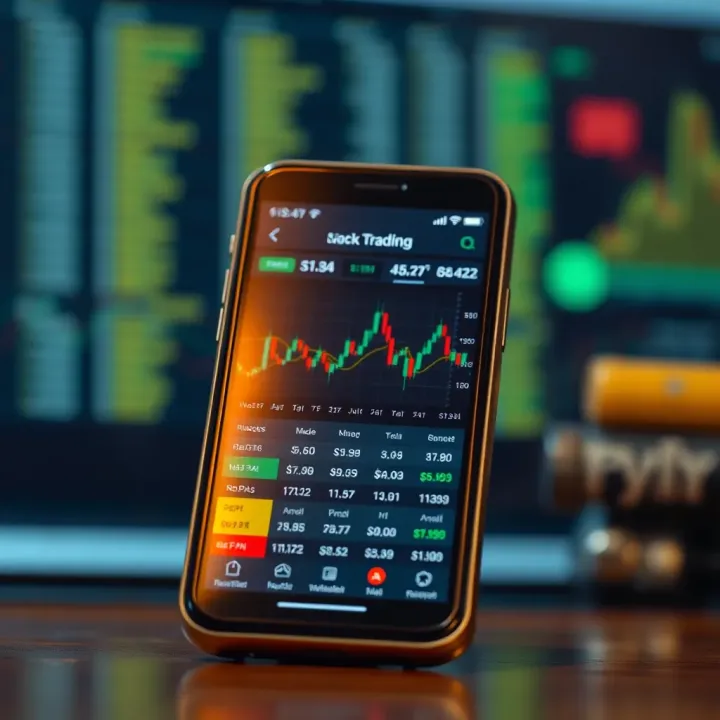 Old mobile phone displaying a stock trading application interface with charts and financial data