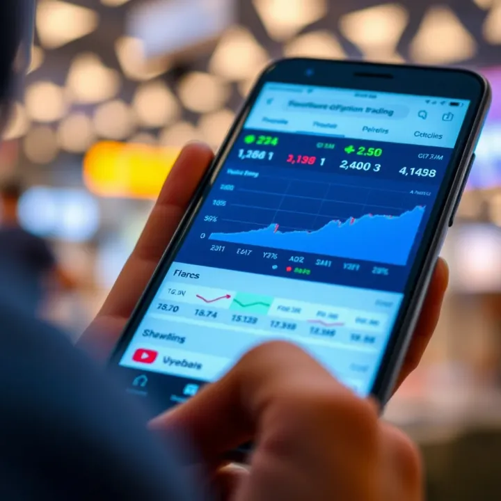 Mobile phone screen showing various opinion trading app interfaces with charts and user ratings