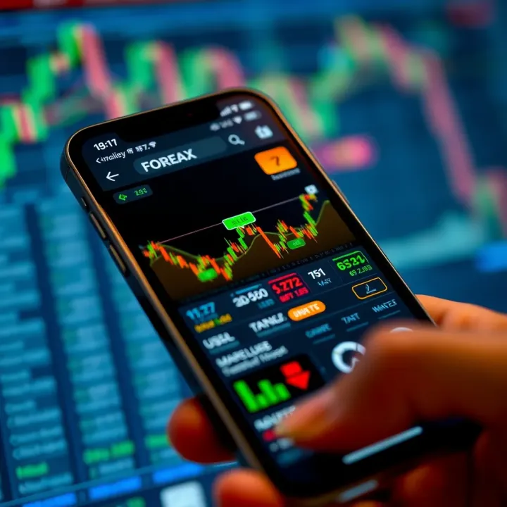 Mobile screen displaying a forex trading app interface with currency charts and exchange rates