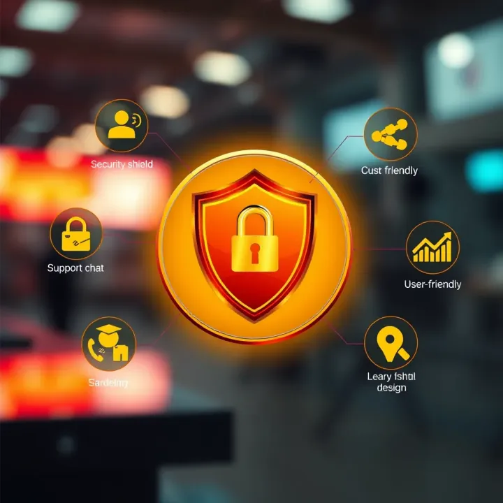 Illustration of key features such as security shield, customer support chat, and user-friendly design icons
