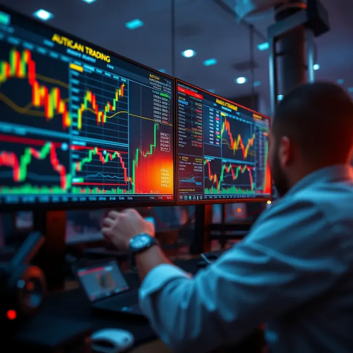 Graphical representation of automated trading algorithms analyzing stock market data on multiple screens
