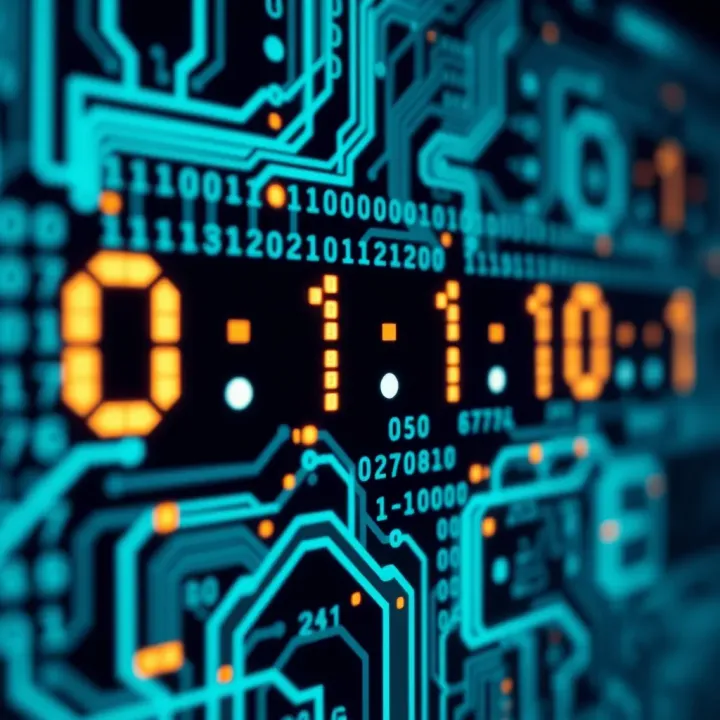 Binary digits displayed as 0s and 1s flowing across a digital circuit board background
