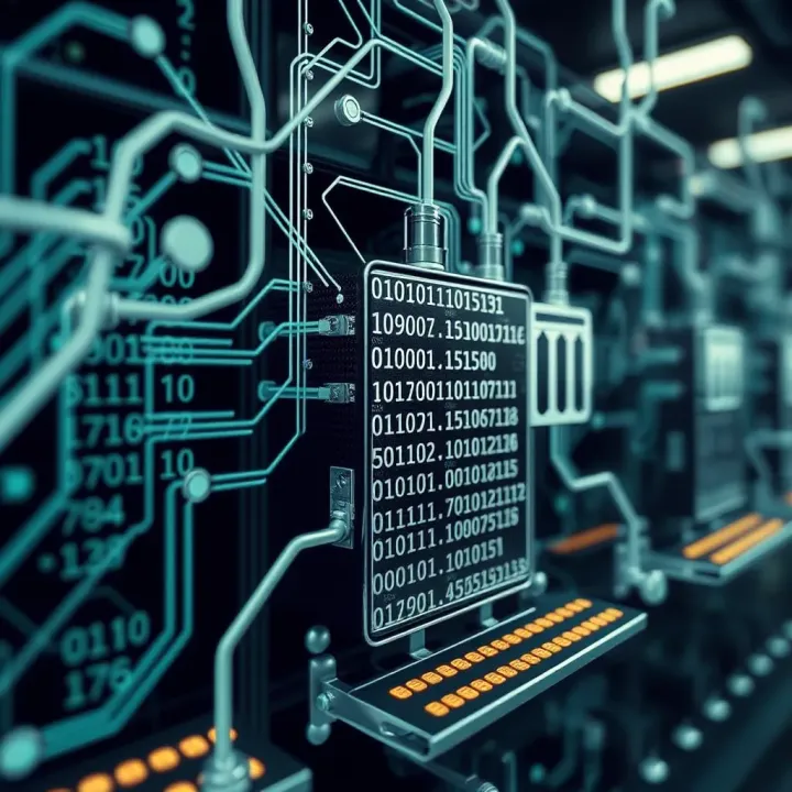 Representation of binary code transforming into computer operations through interconnected circuitry
