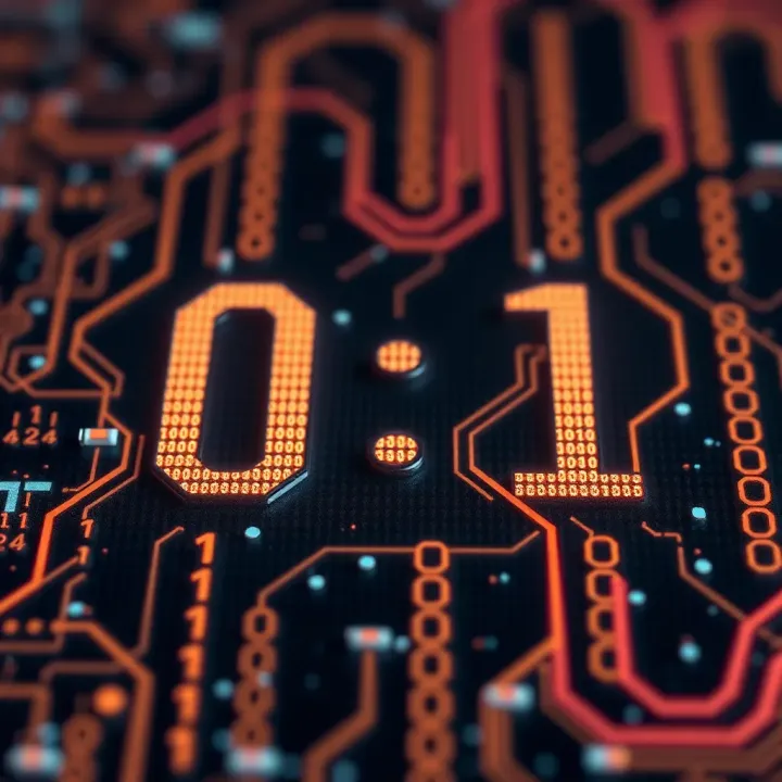 Diagram showing the binary digits zero and one with electronic circuit background