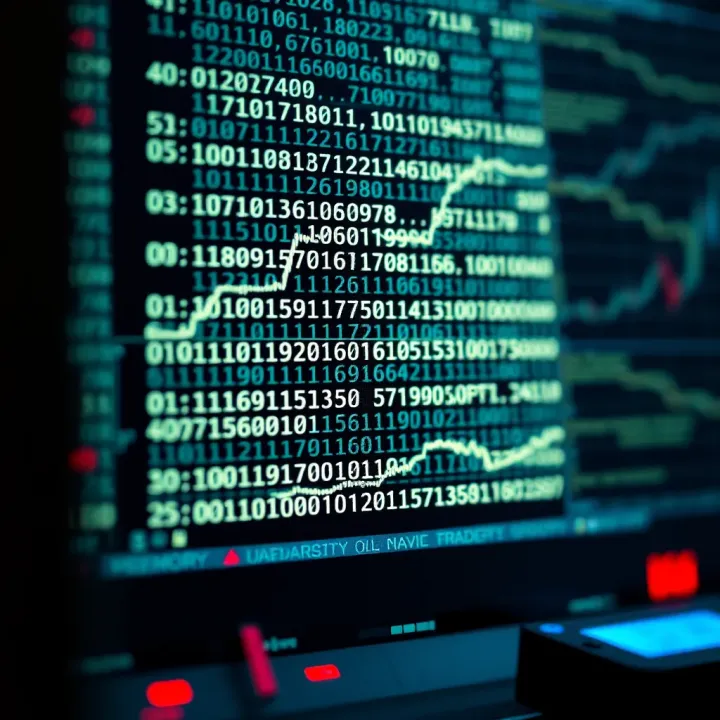 Graphic showing the conversion of binary code into memory storage and operational commands in a computer