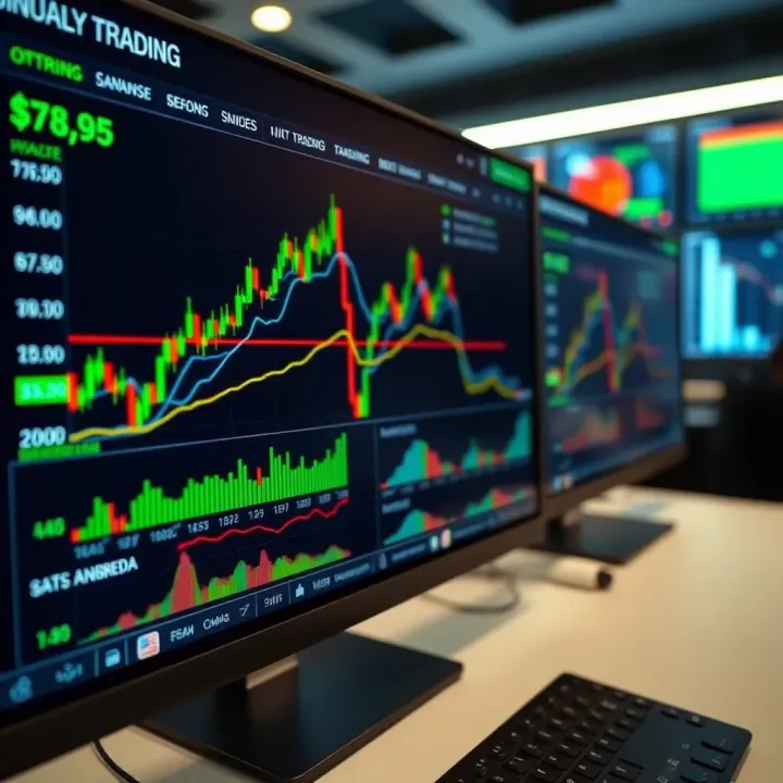 Illustration showing a digital interface with financial charts and binary trading options on a computer screen