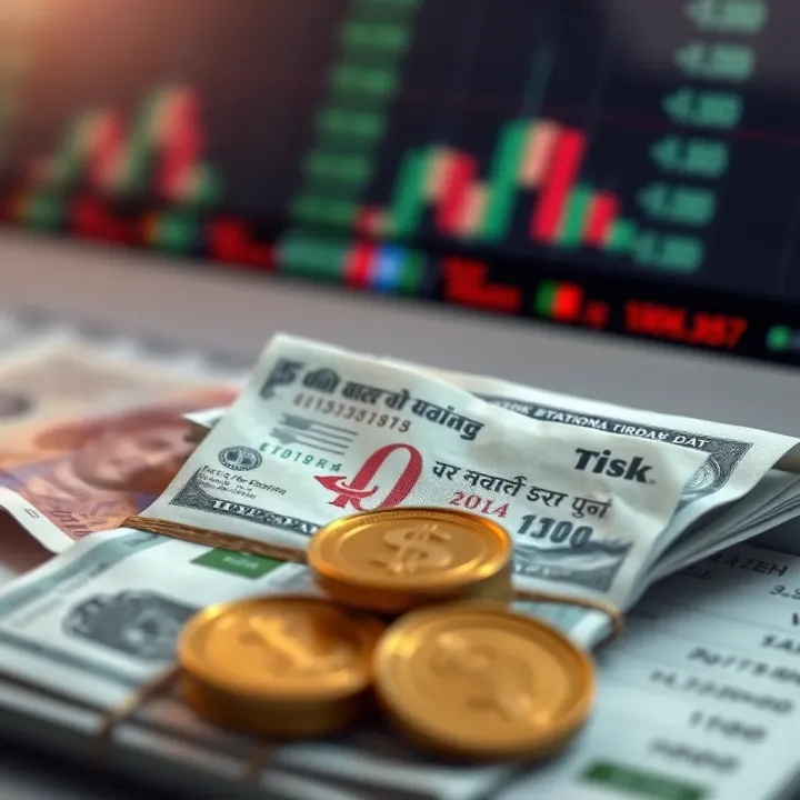 Conceptual graphic depicting risk and strategy elements in binary options trading with Indian currency symbols