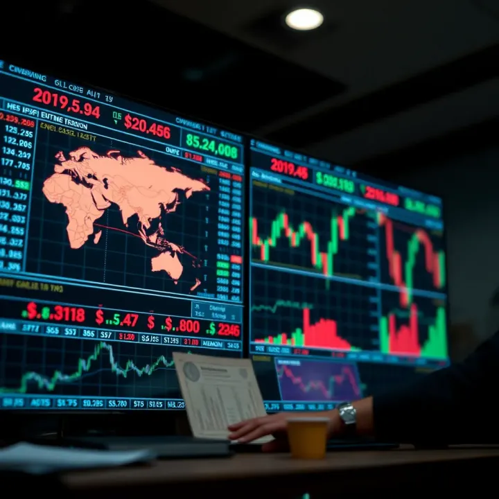 Conceptual illustration of currency exchange showing different global currencies and trading graphs