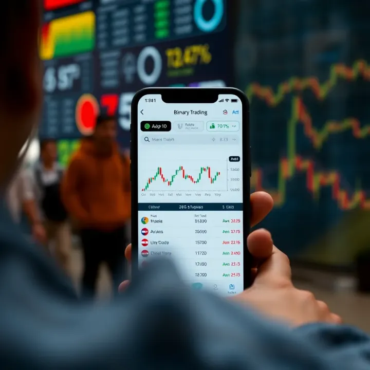 Smartphone screen showing a binary trading application interface with charts and trading options