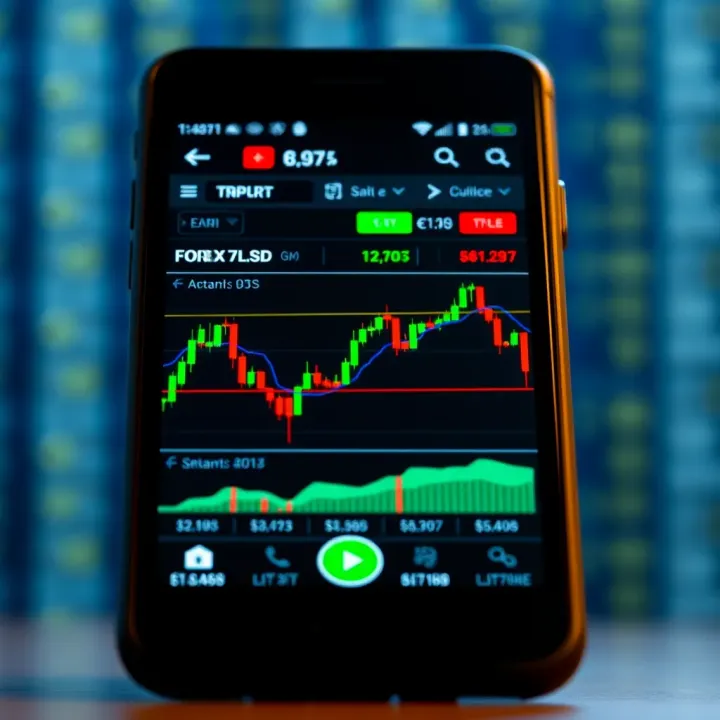 Mobile device displaying a forex trading app interface with charts and currency symbols