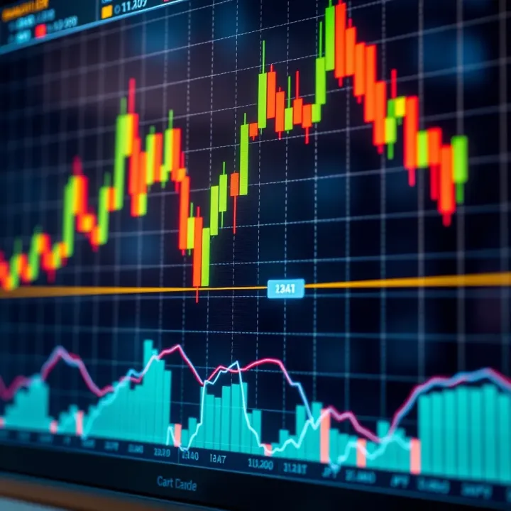 A candlestick chart showing various live trading patterns like head and shoulders and double bottom formations