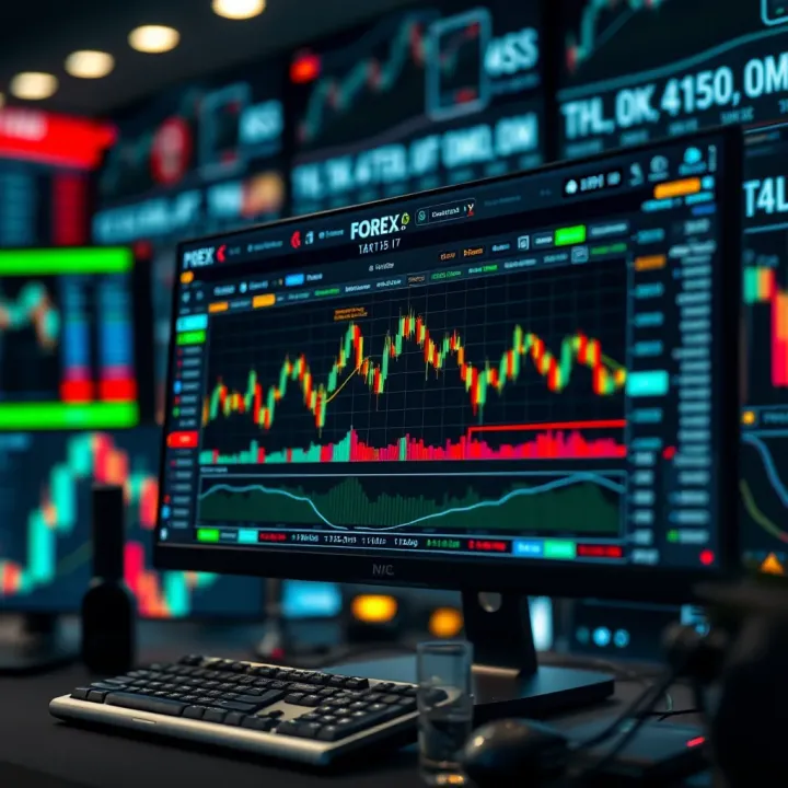 Computer screen displaying forex trading charts and technical analysis tools