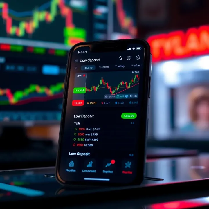 Mobile device displaying a financial trading app interface with charts and low deposit options
