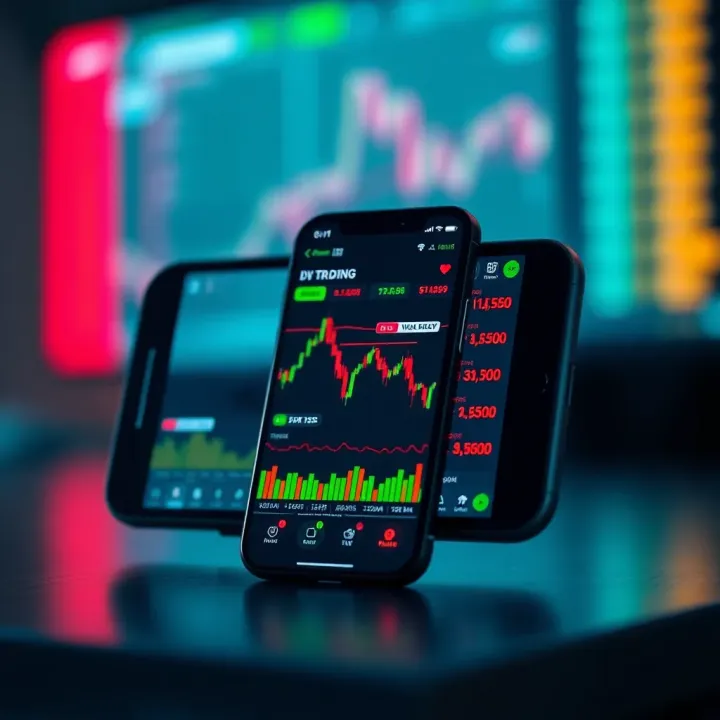Mobile device displaying trading app interface with stock charts and market indicators