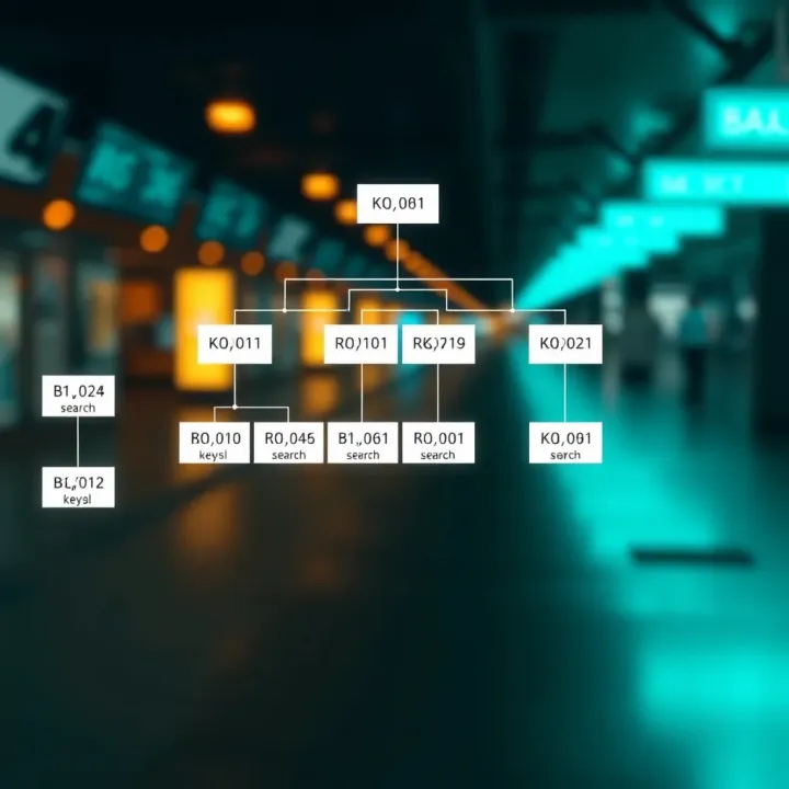 Binary Search Tree Layout with Key Probabilities Diagram of a binary search tree with nodes labeled by keys and their associated search probabilities