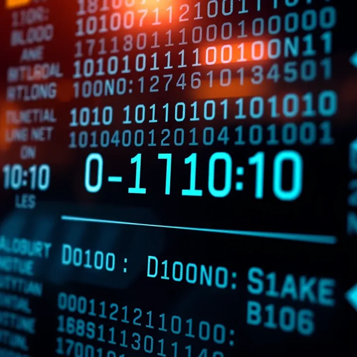 Illustration showing binary digits being converted into a decimal number on a digital interface